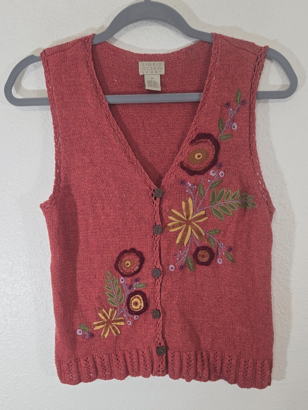 Sigrid Olsen Sport Floral Embroidered V-Neck Vest Salmon Prairie Cabincore, M